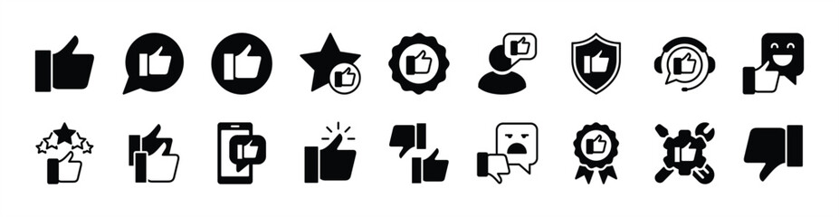 Thumb up and thumb down icon button set. Like, dislike, yes, no, good, bad, confirm, approve. Contains service and support, security, communication, badge, social media conversation - vector