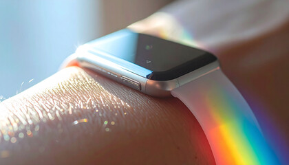 Smartwatch with Rainbow: a close-up image showing a wrist wearing a smartwatch with a vibrant rainbow effect, embodying modern tech and style.