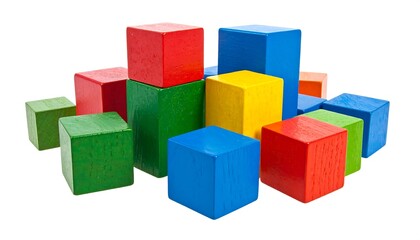Obraz premium Assorted colorful wooden blocks, scattered and stacked, arranged against a bright white background. A playful arrangement of building toys