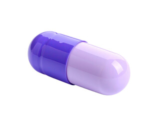 Close-up of a single purple and white capsule against a black backdrop