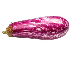 A close-up shot of a long, purple and white striped eggplant with green stem