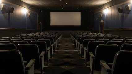 Naklejka premium Empty movie theater rows of dark seats facing a large blank screen illuminated by ceiling lights Two doors are on each side of the screen