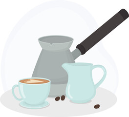 Still life illustration with traditional cezve coffee pot, blue cappuccino cup, cream jug and coffee beans. Composition with beverage and barista equipment
