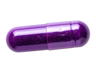 A close-up shot of a translucent purple capsule resting against a stark black background