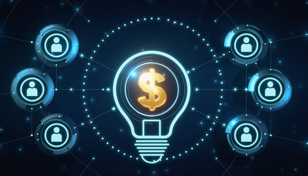 Illuminating the Path to Prosperity: a conceptual representation showcasing interconnected networks converging upon a central financial beacon. - Powered by Adobe