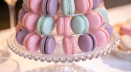 Commercial professional image of pastel macaron tower on crystal stand, gentle diffused glow, soft p