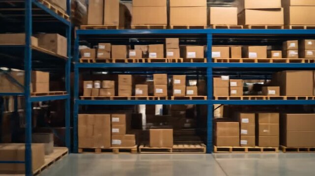 Warehouse interior shows shelves stocked with cardboard boxes, ready for shipment and distribution.