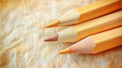 Obraz premium A close up view of three unsharpened wooden graphite pencils with pointed tips resting on a textured beige paper background