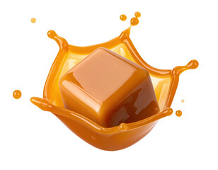 A glossy caramel cube dramatically splashed with liquid, isolated against a solid black background