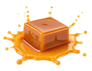 Glossy, square-cut confection rests amidst a vibrant, sticky liquid splash