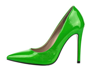 A vibrant green glossy stiletto pump, elegantly isolated against a solid black background