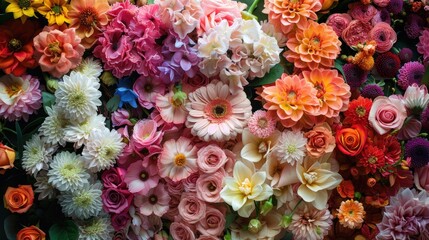 Floral background with beautiful chrysanthemums, roses, wildflowers. Wedding decoration, texture for the holiday.