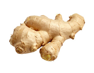 A close-up shot of a raw, unpeeled ginger root isolated against a black background