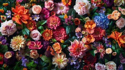 Floral background with beautiful chrysanthemums, roses, wildflowers. Wedding decoration, texture for the holiday.