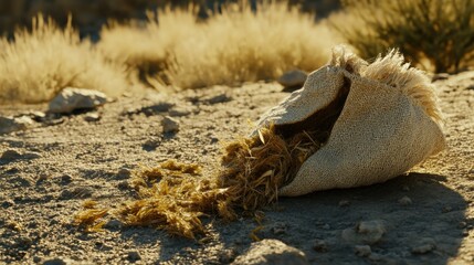 A coarse fiber bag with frayed edges spills dried grass onto the dusty ground in bright sunlight