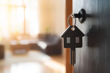 Key with house shaped keychain in door lock with modern living room in background shows moving to new home or renting a property in a private house setting