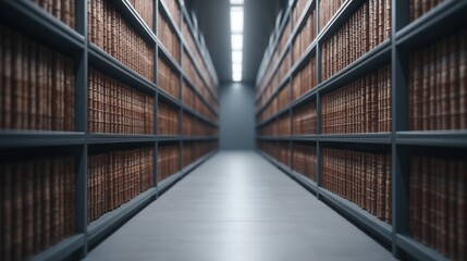 Visualizing Digital Archives in a Historical Records Library with Rows of Books and a Serene Walkway