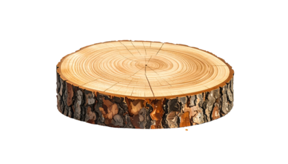 A cross-section of a tree trunk isolated against a black background. The wood displays detailed growth rings and textured bark