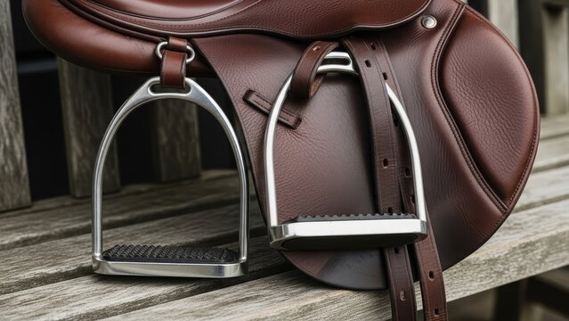 Leather horse saddle sits on wooden planks stirrups hang down