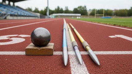 On a red track shot put on wood javelins Bleachers grass field visible in the background under overcast sky