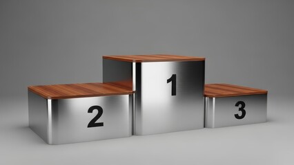 Podium with tiers labeled 1 2 and 3 Platform has wood tops and metallic bodies Set against a gray background