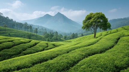 Obraz premium Lush Green Landscape of a Tea Estate Featuring Curved Terrain and Majestic Mountains in Serene Atmosphere