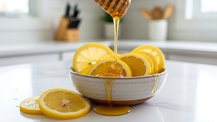 Golden Honey Drizzling Over Fresh Lemon Slices in a Rustic Ceramic Bowl