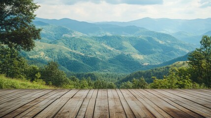 Wooden podium stands at the edge of a mountain view with green forest, ready for product presentation with copy space in the background