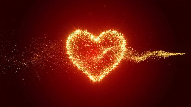 Glowing Golden Heart Particle Animation on Deep Red Background, Romantic Luxury Valentine Love Motion Background