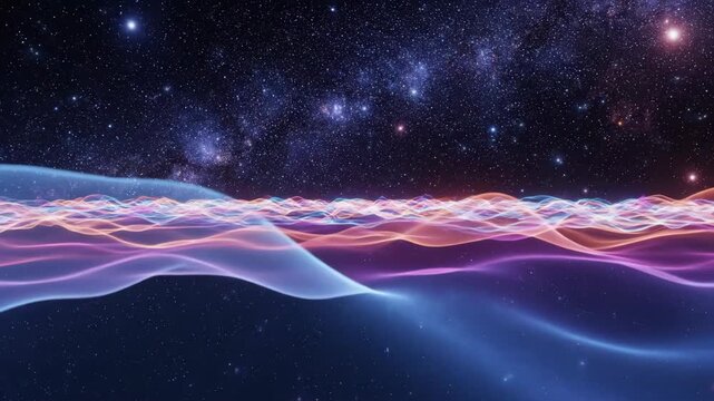 Ethereal 3d rendered abstract neon energy waves flowing horizontally against a deep blue starry night sky.
