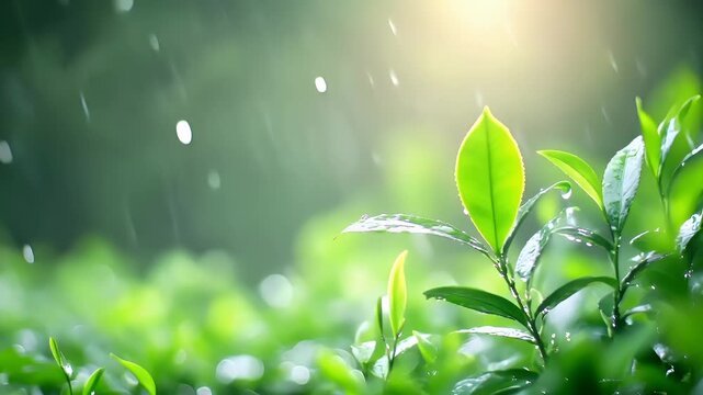 Tea industry. Tea leaves. Plantation. Culture. green leaves with dewdrops on them.