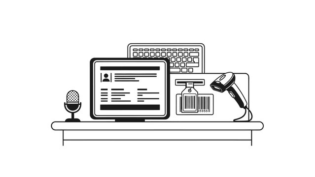 Cashier desk with POS system icon, retail checkout counter illustration, barcode scanner and computer vector.