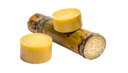 Close-up of a stalk with two cut circular pieces showing a light-brown sugary center and a darker, textured outer layer