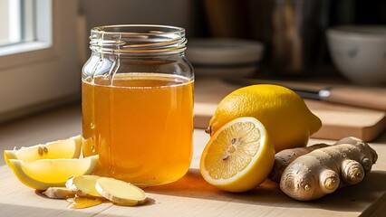 Refreshing Homemade Lemon and Ginger Infusion in a Jar