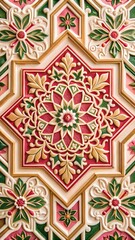 Intricate ornamental ceiling panel featuring symmetrical star-shaped floral design in red, green, cream and gold tones, inspired by traditional architecture