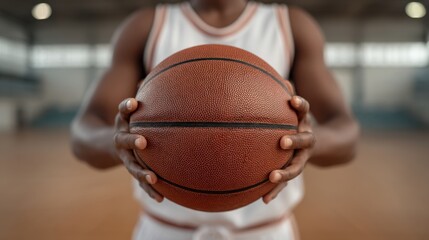 Focused Basketball Player Holding Ball on Indoor Court with Strong Grip and Intense Concentration, Ready to Showcase Skills in Competitive Game Atmosphere