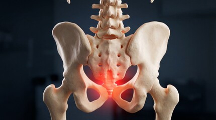 Human pelvis with highlighted hip joint pain area in medical illustration