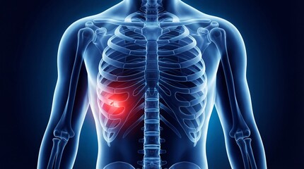 Human torso X-ray showing highlighted ribcage and spine with a red mark indicating injury or pain