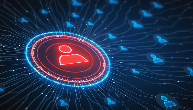 Digital Connections: A close-up view of an illuminated digital interface features user profile icons arranged around a glowing central hub, visualizing network connectivity. - Powered by Adobe