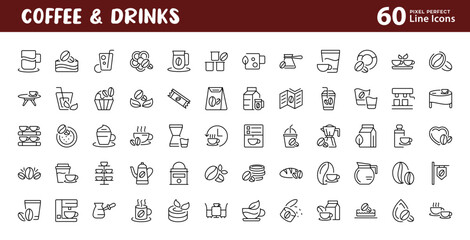Coffee and Drinks line icon collection. Tea, coffee bean, hot, mug, machine, organic, caffeine, outline icons. Vector illustration
