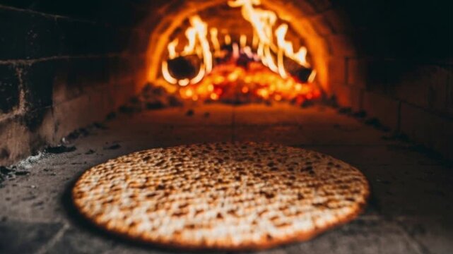 Matzo bread baking in stone wood-fired oven