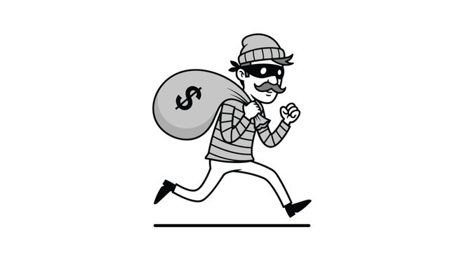 Monochrome cartoon illustration of a classic burglar with a mask and mustache, running away while carrying a large money bag.