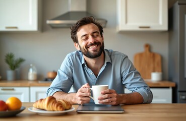 Man with eyes closed enjoys coffee and croissant at kitchen counter with tablet. He is happy, relaxed, and content. Represents freelance work lifestyle and morning routine.