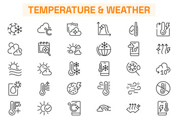 Temperature and weather line icons. Air cooling, high temperature, compass, sun, cloud vector icons