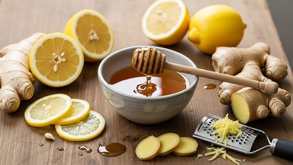 Fresh Lemon, Ginger, and Honey Ingredients for Healthy Drinks