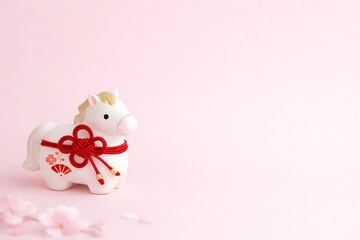 Cute White Horse with Red Knot Decoration on Pink Background