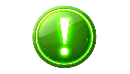 Glossy, green circular icon with a white exclamation point. Glowing effect against a black background