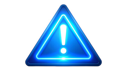 Illuminated blue alert sign, a neon triangular shape with an exclamation mark. The dark background enhances the glowing effect