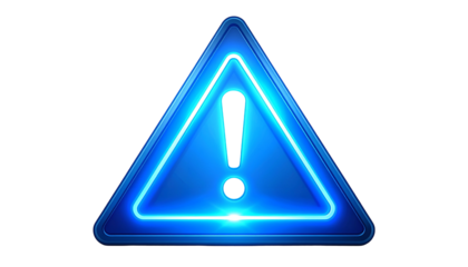 Illuminated blue alert sign, a neon triangular shape with an exclamation mark. The dark background enhances the glowing effect