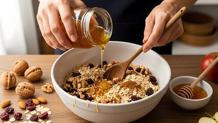 Pouring Honey on Cereal with Nuts and Dried Fruit